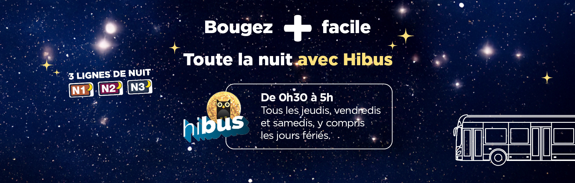 Service Hibus : lignes de nuit N1, N2 et N3, de 0h30 à 5h