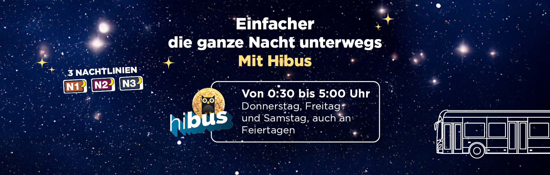 Hibus-Service: Nachtlinien N1, N2 und N3, von 0:30 Uhr bis 5:00 Uhr